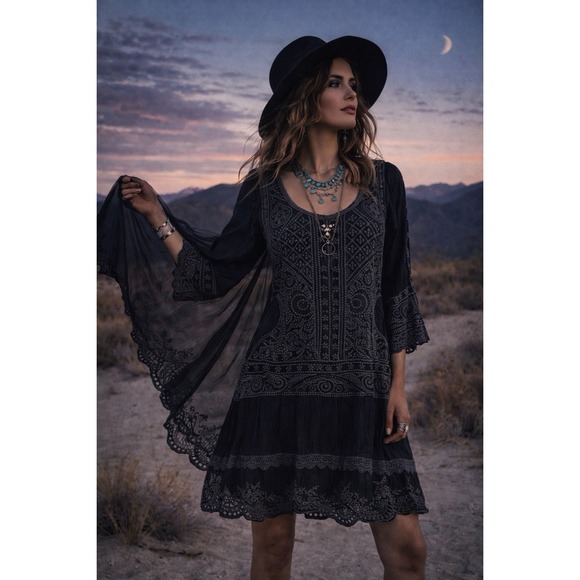 Johnny Was Dress S Black Tonal Sheer Embroidered Tunic Boho Peasant Lace Hem - Picture 3 of 11